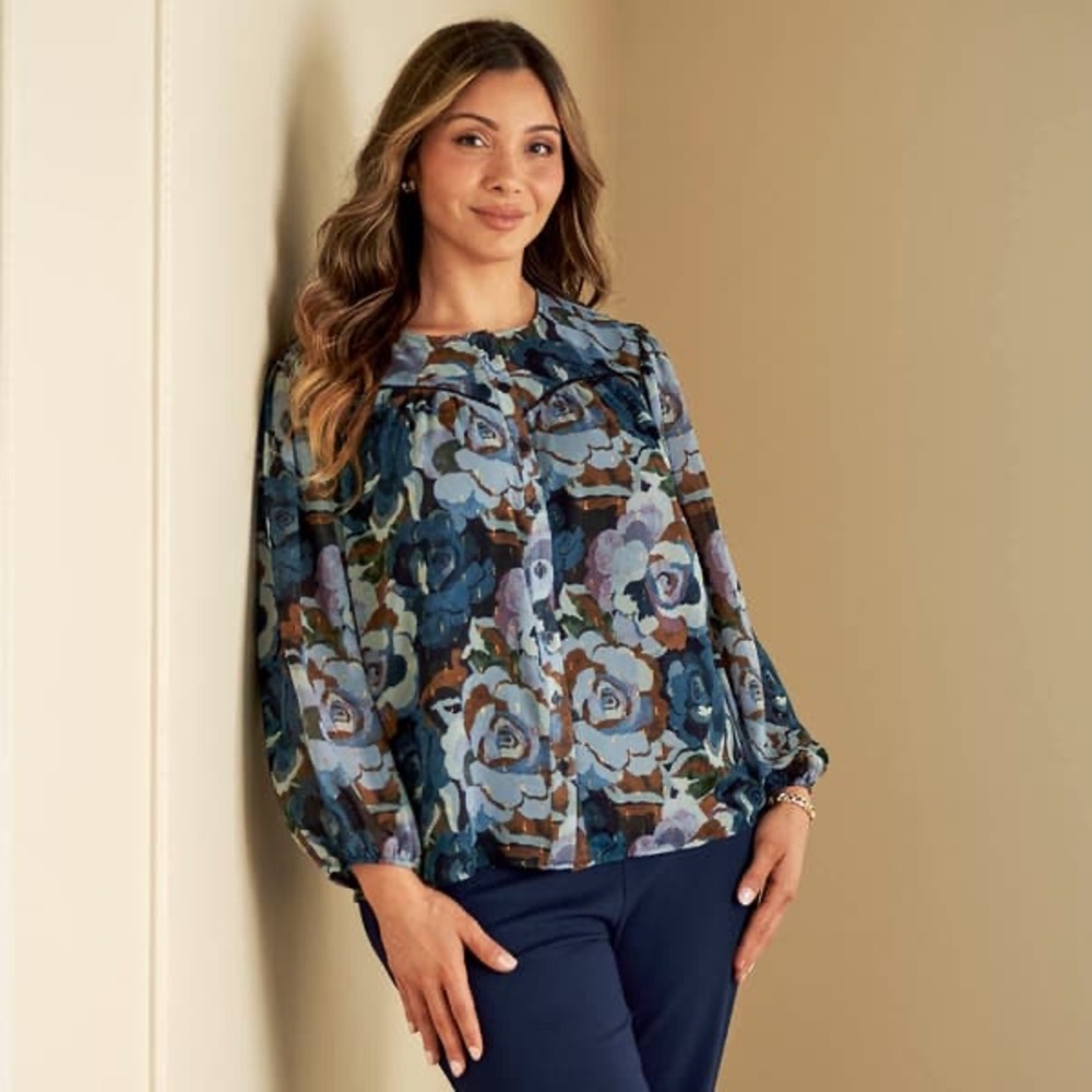 Womens Zac & Rachel Long Sleeve Floral Pleat Blouse Blue Rose